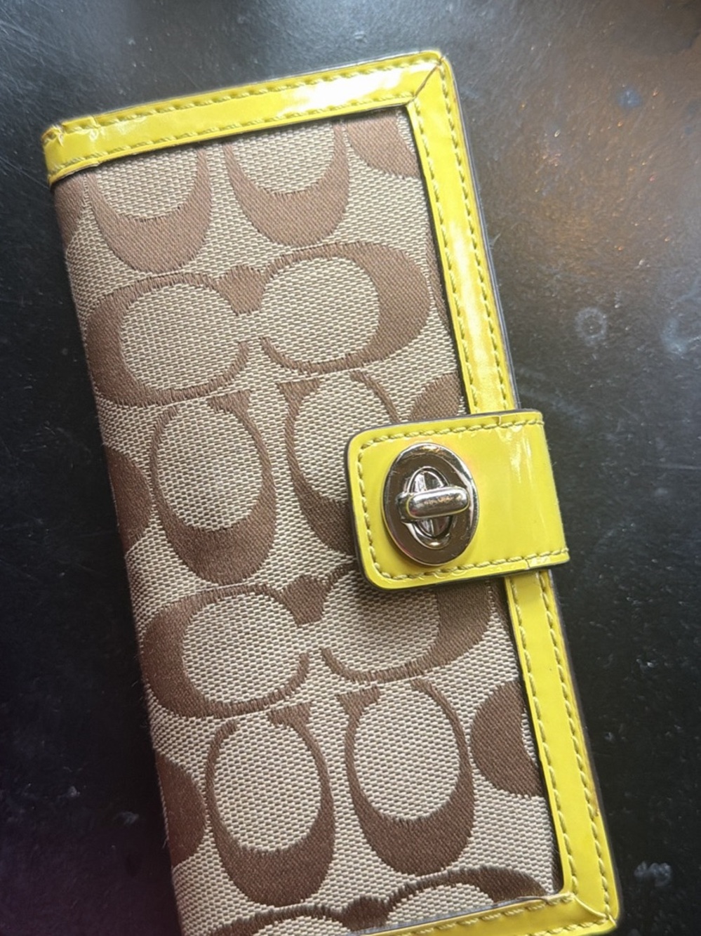 Coach Brown Signature Wallet with Yellow Trim